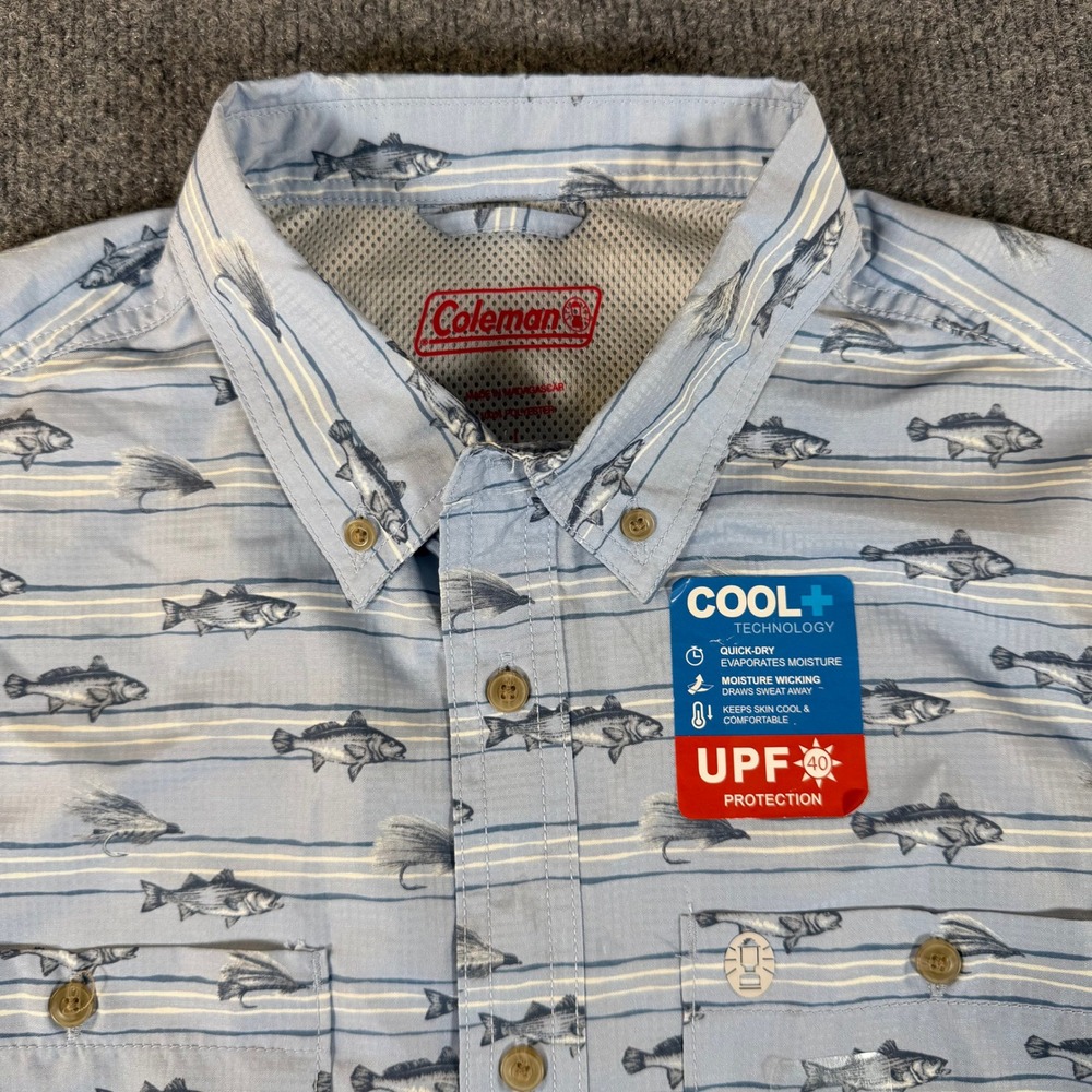 Coleman Mens Fishing Shirt‎ Fish Print UPF 40 Cool+ Short Sleeve Blue Large NEW